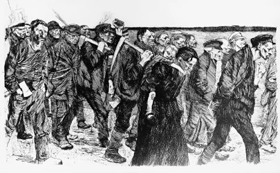 労働者のデモ、Kathe Kollowitz（1867-1945）がオペラ「Die Weber（The Weavers）」のために描いたイラスト