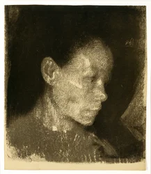 4分の3のプロフィールの働く女性の首、右に曲がった、1905年（日焼けした紙に平版）