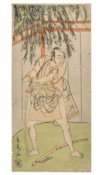 キャラクターの俳優（男性）が鞘を地面に置いて引き抜かれた剣に寄りかかっている、1768〜1770年頃（紙に木版画）