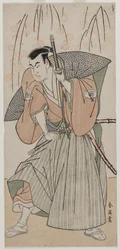 桜の木の下に立つ武士としての尾上松助初代