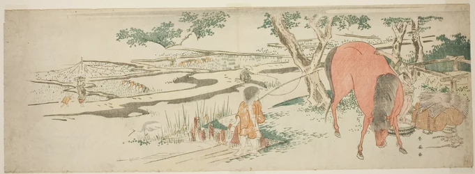 初夏の田園風景：田植えをする農民と馬を洗う男