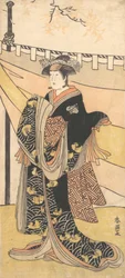 秋もみじの下でピクニックをする女性としての俳優中山富三郎。 1792年。