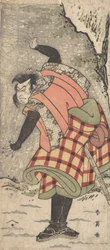 吹雪の崖のふもとに立つ京鶴役の正体不明の俳優 1793年。