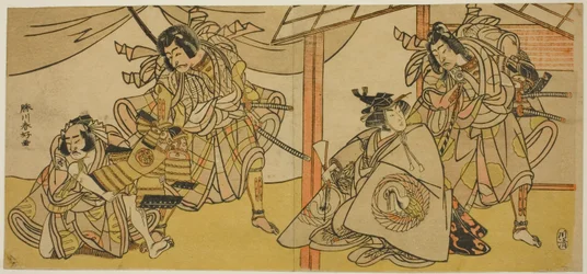 右のページ：梅ごよみ曙曽我』曽我五郎役の三代目坂東彦三郎（右）と女朝比奈役の四代目瀬川菊之丞（左）：古郡新左衛門役の初代尾上松助（左）と五代目市川團十郎。