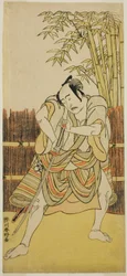 天明8年（1780）11月、市村座で上演された『牟礼高松雪の白旗』の緒方三郎役、初代坂東三津五郎が萬屋瀧右衛門に扮した姿。