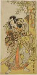 五代目市川團十郎『江戸名所緑曾我』盲目囃子方(けんぎょう)かずさの秋七兵衛景清(かずさのあくしちびょうえかげきよ)、安永8年(1779)4月森田座公演