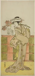 天明元年(1781)11月、市村座で上演された『昔男雪の雛形』の女占い師お松に扮した梅ヶ枝役の四代目岩井半四郎について