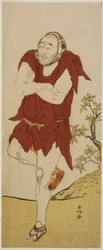 天明七年（1787）五月、中村座で上演された『景清出世の山吹』の托鉢僧（願人坊主）役、初代尾上松助