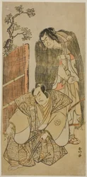 天明3年(1783)3月、市村座で上演された『寿萬歳曾我』の乞食姿の初代中村仲蔵(右)と鬼王新左衛門の三代目大谷広治(左)