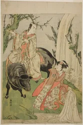 天明5年（1785）11月、桐芝居小屋で上演された『男山振袖源氏』の初音姫（はつねひめ）（右）役の三代目瀬川菊之丞と御幸之介行成（みゆきのすけゆきなり）役の二代目市川門之助。