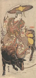 俳優松本幸四郎 4 世が吹雪の中、牡牛座に乗っています。 1790年。
