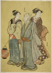 市川家の役者に扮した青年（春章）、女中と芸者（春章）