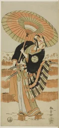 梶原源太景時役の九代目市村羽左衛門（左）、結城女役の二代目瀬川菊之丞（中央）、源頼朝役の二代目嵐三五郎（右）。