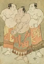 リング上で姿を見せる錦木、戸田川、岩ヶ関の力士の全身肖像画（カラー木版画）