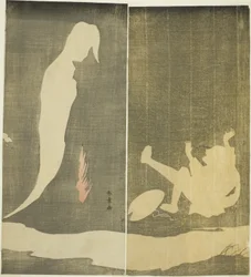 川を渡る女の幽霊に驚いて後ろ向きに倒れる男》1782年頃（錦絵、細判二曲刷り）