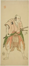 1768年二月、市村座(?)で上演された「秋遠蘇我御返(?)」八幡三郎(?)役の俳優・坂東三八一世(?)