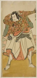 1780 年、第 11 月に中村座で上演された劇「きかえる錦の若夜」で、修行僧に変装した俳優中村中蔵初代 鎮西八郎為朝
