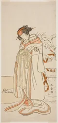 1775年11月に中村座(?)で上演された花相雲源氏火急(?)で花魁きせわた(田賀袖)を演じた三代目俳優瀬川菊之丞(?)