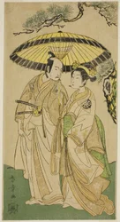舞台「蘇我桃代愛護の若松」（?）で、初代嵐ひなじ（右）と二代目市川駒蔵（左）がさくら姫（？）と清水殿之助（?）役で出演 劇場 (?) 1769 年第 3 月 (?)