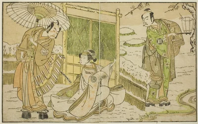 The Actors Arashi Sangoro II as Minamoto no Yoritomo (right), Segawa Kikunojo II as Yuki Onna (center), and Ichimura Uzaemon IX as Kajiwara Genta no Kagetoki, in the Play Myoto-giku Izu no Kisewata, Performed at the Ichimura Theater in the Eleventh Month,