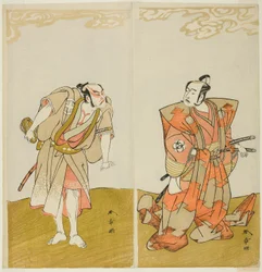 芝の川勝役の初代坂東光五郎（右）と三代目大谷広右衛門役の野郎雁助（左） 宮柱巌の舞台 t の 15 日目の劇場