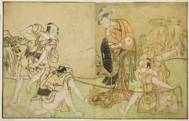 The Actors Bando Zenji I as Nagahashi Saburo, Iwai Hanshiro IV as Otatsu-gitsune, Nakamura Konozo as Hagai Ujitsune, and an Unidentified Actor (right to left), in the Play Nue no Mori Ichiyo no Mato, Performed at the Nakamura Theater in the Eleventh Month,