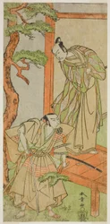 役者 五代目市川團十郎役の桃井若狭之助（右）と初代中村中蔵役の加古川本蔵（1771年五月中村座での『仮名手本忠臣蔵』）
