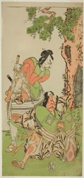 The Actors Ichikawa Danzo III as I no Hayata Tadazumi (right), and Matsumoto Koshiro II as Osada no Taro Kagemune Disguised as Yatsurugi Zaemon (left), in the Play Nue no Mori Ichiyo no Mato, Performed at the Nakamura Theater in the Eleventh Month, 1770