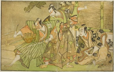 The Actors Ichikawa Komazo II as Minamoto no Yorimasa (right), Matsumoto Koshiro II as Osada no Taro Kagemune Disguised as Yatsurugi Zaemon (center), and Ichikawa Danzo III as I no Hayata Tadazumi (left), In the Play Nue no Mori Ichiyo no Mato, Performed a