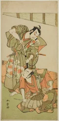 The Actors Ichikawa Yaozo II as Konoshita Hyokichi (?) (right), and Sakata Hangoro II as Matsunaga Daizen Hisahide (?) (left), in the Play Gion Sairei Shinko Ki (?), Perfomred at the Ichimura Theater (?) in the Fifth Month, 1775 (?)