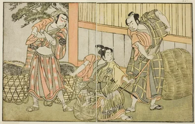 The Actors Kasaya Matakuro II as Hagun Taro (right), Ichikawa Monnosuke II as Izutsu no Suke Narihira (center), and Nakamura Nakazo I as Kose no Kanaoka Disguised as Sogoro the Charcoal Maker, in the Play Kuni no Hana Ono no Itsumoji, Performed at the Naka