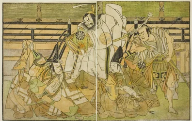 The Actors Nakamura Denkuro II as Seno-o Taro, Ichikawa Komazo II as Yorimasa, Nakamura Nakazo I as Taira no Kiyomori, and Ichikawa Danjuro V as Kiou Takiguchi (right to left), in the Play Nue no Mori Ichiyo no Mato, Performed at the Nakamura Theater in th