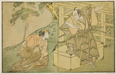 The Actors Onoe Matsusuke I as Akaboshi Taro (right), and Azuma Tozo II as Shirotae (left), in the Play Kono Hana Yotsugi no Hachi no Ki, Performed at the Ichimura Theater in the Eleventh Month, 1771