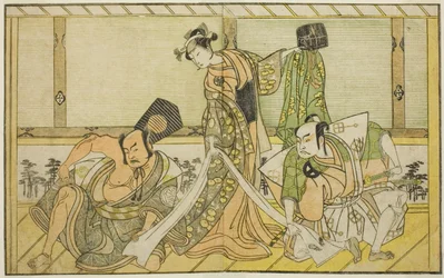 The Actors Otani Hiroji III as Kawazu no Saburo (right), Segawa Kikunojo II as Princess Tatsu (Tatsu Hime) (center), and Nakamura Sukegoro II as Matano no Goro (left), in the Play Myoto-giku Izu no Kisewata, Performed at the Ichimura Theater in the Elevent