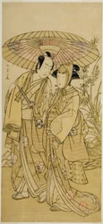 1781 年 4 月市村座で上演された劇「歌舞伎の花万代曽我」で、三代目瀬川菊之丞（右）お千代役、初代坂東光五郎（左）八百屋半兵衛
