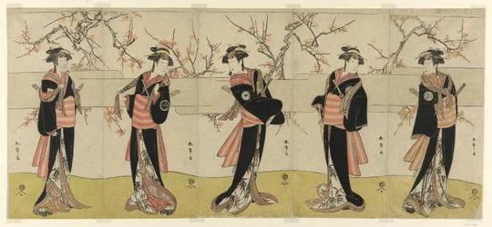 The Actors Segawa Kikunojo III as Karigane Obun, Nakayama Tomisaburo I as An no Oyasu, Iwai Kiyotaro II as Kaminari no Osha, Nakayama Tatezo I as Gokuin no Osen, and Ichikawa Monnosuke II as Hotei no Oichi (right to left), in "Gonin Onna," Scene One of the