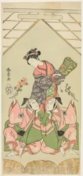 The Actors Segawa Kikunojo II as the Wet Nurse Reizei, Ichikawa Komazo I as Suruga no Hachiro in the Guise of the Shamisen Player Kichiroku (right), and Ichikawa Yaozo II as Tada no Kurando in the Guise of the Palanquin Bearer Kichinai (left), in the Scene