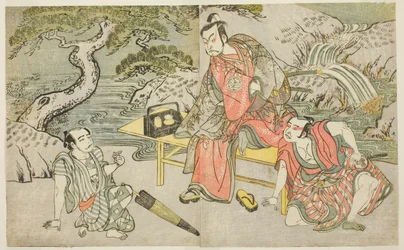 The Actors Tomizawa Hanzaburo II as Nagoya Sanzaemon (often called Sanza) (right), Nakamura Juzo II as Fuwa Banzaemon (center), and an Unidentified Actor as the Pickpocket Matsumoto Daishichi (left), in the Play Fuki Kaete Tsuki mo Yoshiwara, Performed at