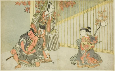 The Actors Yamashita Kinsaku II as Mutsuhana (right), Bando Mitsugoro I as Kashiwagi no Emon (center), and Nakamura Sukegoro II as Akamatsu Mushanosuke (left), in the Play Fuki Kaete Tsuki mo Yoshiwara (Rethatched Roof: The Moon also Shines Over the Yoshiw