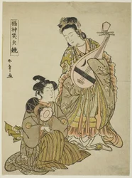 琵琶を持った弁天と太鼓を持った青年、「福の神々の微笑み比べ」より、1780年代後半（色木版画、小判）