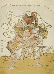 女鬼を背負った戦士大森彦七、1772年頃（色木版画、中盤）