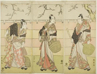 Three Komuso Monks: The Actors Ichikawa Ebizo (Danjuro V) as Kudo Suketsune (right), Ichikawa Monnosuke II as Soga no Juro Sukenari (center), and Ichikawa Omezo I as Soga no Goro Tokimune (left), in Act Six of the Play Waka Murasaki Edokko Soga (Pale Purpl