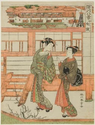 Yagurashita no Bansho (Evening Bell at Yagurashita), Courtesan and Her Attendant at the Yagurashita Unlicensed Pleaser District in Fukagawa, from the series "Fukagawa Hakkei (Eights Views of Fukagawa)"
