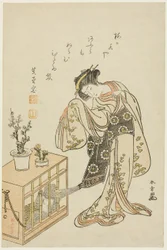 檻に入れられた猿を持つ若い女性 (1776 年新年のカレンダー印刷)
