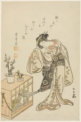 檻の中の猿を連れた若い女（1776年新年のカレンダー版画）