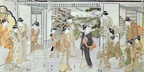 菊の籠を持つ若い女性（色木版画）