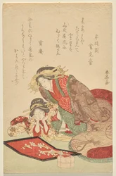 貝殻の屏風を見る花魁と見習い
