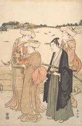 若いサムライと 3 人の女性, ca. 1789年。