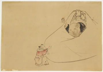小さな男の子に燃えるような宝石を提供するホテイ、1850年頃（紙にインクと色）