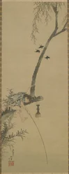 江戸時代の木こりで釣りをする少年（シルクパネルに墨と色合い）